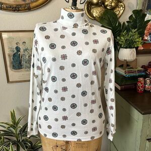Cabin Creek Vintage 90s White Colorful Mandala Paisley TurtleNeck Tee Blouse M